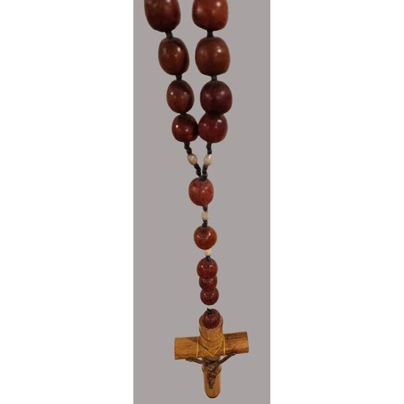 HUGE Handcrafted Wooden Rosary Necklace With Crucifix Red Beads & Yellow String - Picture 10 of 13